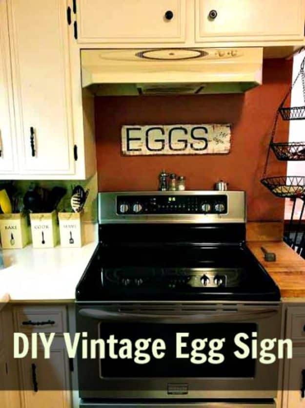 DIY Vintage Signs - DIY Vintage Egg Sign - Rustic, Vintage Sign Projects to Make At Home - Creative Home Decor on a Budget and Cheap Crafts for Living Room, Bedroom and Kitchen - Paint Letters, Transfer to Wood, Aged Finishes and Fun Word Stencils and Easy Ideas for Farmhouse Wall Art http://diyjoy.com/diy-vintage-signs