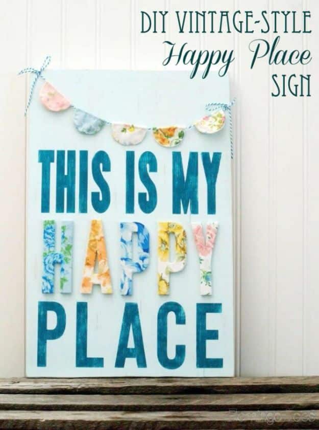 DIY Vintage Signs - DIY Vintage Style Happy Place Sign - Rustic, Vintage Sign Projects to Make At Home - Creative Home Decor on a Budget and Cheap Crafts for Living Room, Bedroom and Kitchen - Paint Letters, Transfer to Wood, Aged Finishes and Fun Word Stencils and Easy Ideas for Farmhouse Wall Art http://diyjoy.com/diy-vintage-signs