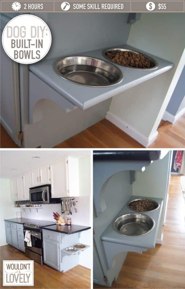 DIY Pet Bowls And Feeding Stations - Dog DIY Built In Bowls - Easy Ideas for Serving Dog and Cat Food, Ways to Raise and Store Bowls - Organize Your Dog Food and Water Bowl With These Cute and Creative Ideas for Dogs and Cats- Monogram, Painted, Personalized and Rustic Crafts and Projects http://diyjoy.com/diy-pet-bowls-feeding-station