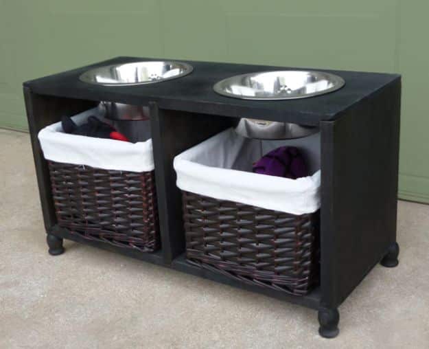 DIY Pet Bowls And Feeding Stations - Dog Feeding Station Tutorial - Easy Ideas for Serving Dog and Cat Food, Ways to Raise and Store Bowls - Organize Your Dog Food and Water Bowl With These Cute and Creative Ideas for Dogs and Cats- Monogram, Painted, Personalized and Rustic Crafts and Projects http://diyjoy.com/diy-pet-bowls-feeding-station