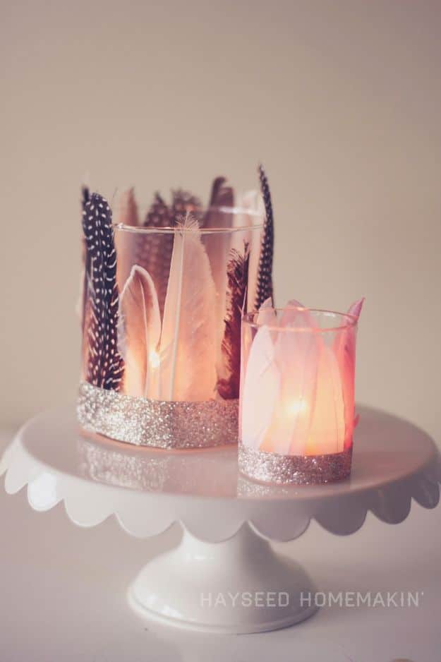 DIY Candle Holders - Feathered Votive Holders - Easy Ideas for Home Decor With Candles, Tall Candlesticks and Votives - Fun Wooden, Rustic, Glass, Mason Jar, Boho and Projects With Items From Dollar Stores - Christmas, Holiday and Wedding Centerpieces - Cool Crafts and Homemade Cheap Gifts http://diyjoy.com/diy-candle-holders