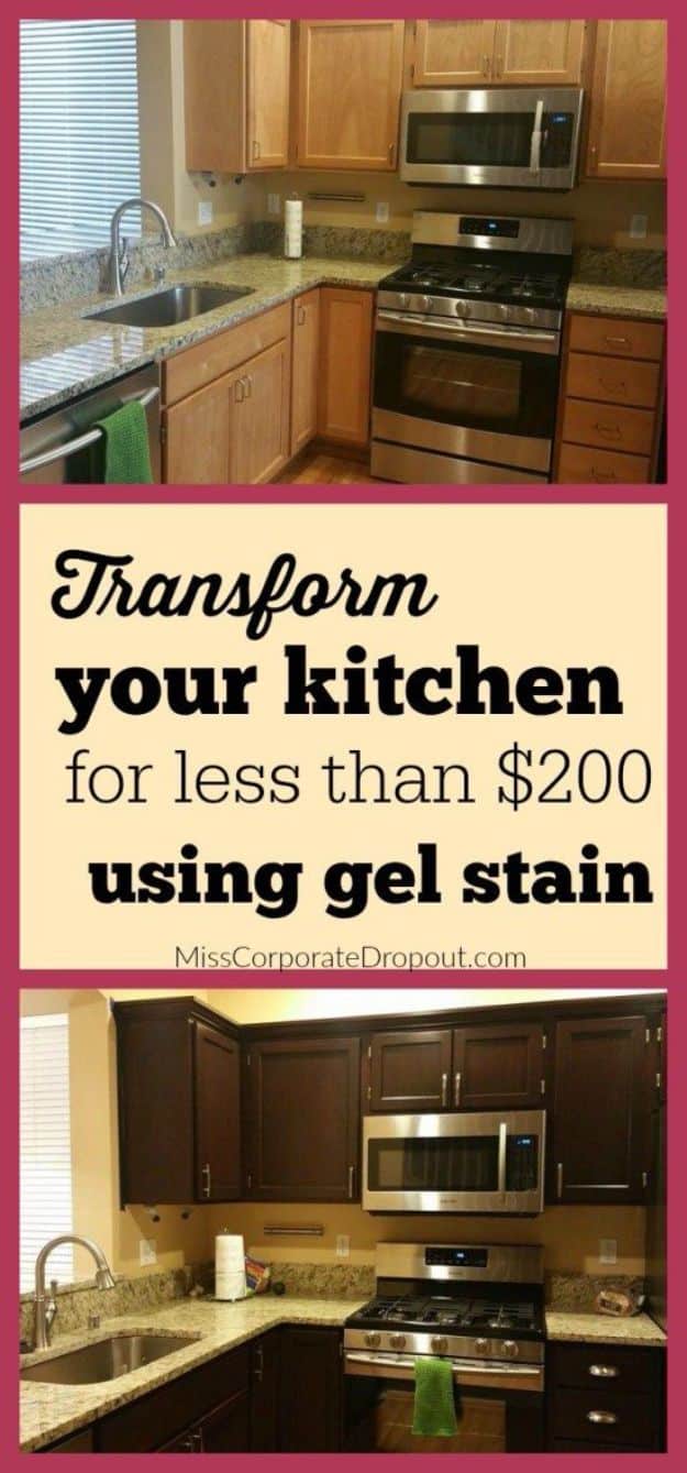 DIY Kitchen Cabinet Ideas - Gel Stained Cabinets - Makeover and Before and After - How To Build, Plan and Renovate Your Kitchen Cabinets - Painted, Cheap Refact, Free Plans, Rustic Decor, Farmhouse and Vintage Looks, Modern Design and Inexpensive Budget Friendly Projects 
