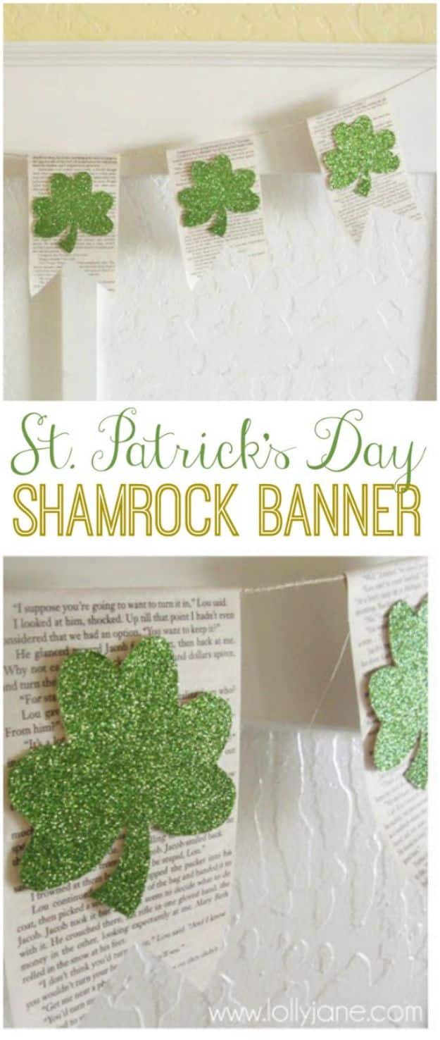 St Patricks Day Decor Ideas - Glitter Shamrock Banner - DIY St. Patrick's Day Party Decorations and Home Decor Crafts - Projects for Walls, Hanging Banners, Wreaths, Tabletop Centerpieces and Party Favors - Green Shamrocks, Leprechauns and Cute and Easy Do It Yourself Decor For Parties - Cheap Dollar Store Ideas for Those On A Budget http://diyjoy.com/diy-st-patricks-day-decor