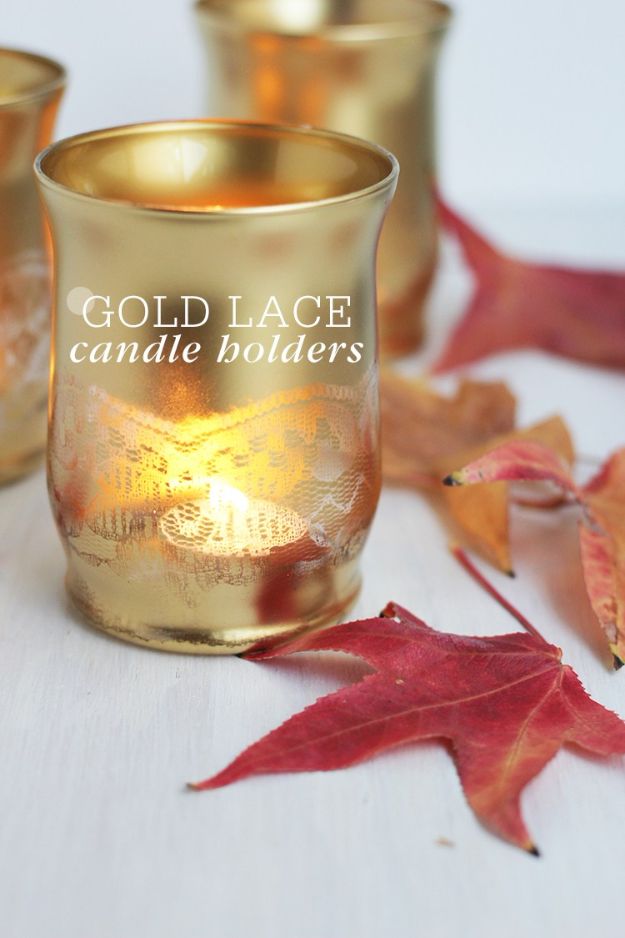 DIY Candle Holders - Gold Lace Candle Holders - Easy Ideas for Home Decor With Candles, Tall Candlesticks and Votives - Fun Wooden, Rustic, Glass, Mason Jar, Boho and Projects With Items From Dollar Stores - Christmas, Holiday and Wedding Centerpieces - Cool Crafts and Homemade Cheap Gifts http://diyjoy.com/diy-candle-holders