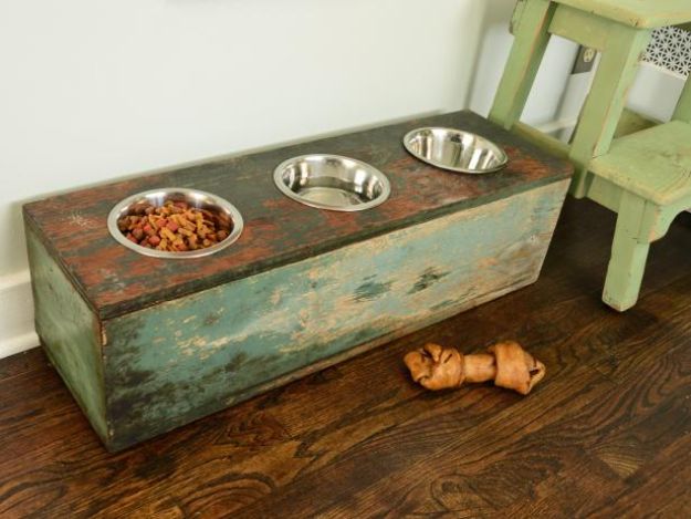 DIY Pet Bowls And Feeding Stations - How To Make A Pet Feeding Station - Easy Ideas for Serving Dog and Cat Food, Ways to Raise and Store Bowls - Organize Your Dog Food and Water Bowl With These Cute and Creative Ideas for Dogs and Cats- Monogram, Painted, Personalized and Rustic Crafts and Projects http://diyjoy.com/diy-pet-bowls-feeding-station