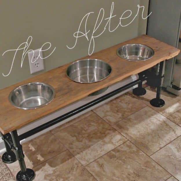 DIY Pet Bowls And Feeding Stations - Industrial Dog Feeder Tutorial - Easy Ideas for Serving Dog and Cat Food, Ways to Raise and Store Bowls - Organize Your Dog Food and Water Bowl With These Cute and Creative Ideas for Dogs and Cats- Monogram, Painted, Personalized and Rustic Crafts and Projects http://diyjoy.com/diy-pet-bowls-feeding-station