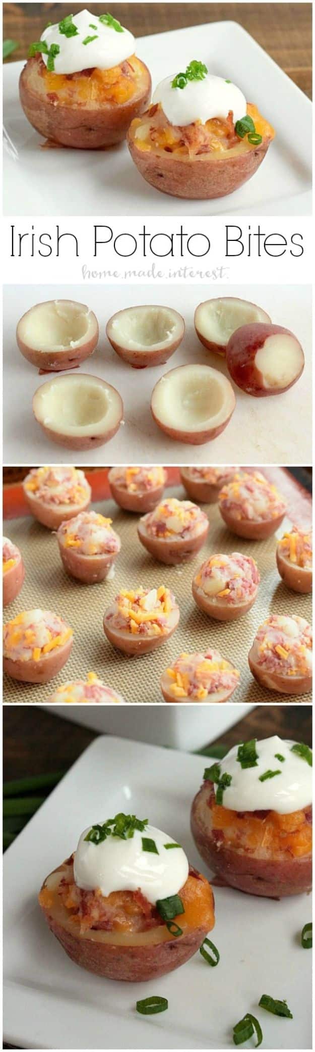 St Patrick's Day Food and Recipe Ideas - Irish Potato Bites - DIY St. Patrick's Day Party Recipes for Dinner, Desserts, Cookies, Cakes, Snacks, Dips and Drinks - Green Shamrocks, Leprechauns and Cute Party Foods - Easy Appetizers and Healthy Treats for Adults and Kids To Make - Potluck, Crockpot, Traditional and Corned Beef http://diyjoy.com/st-patricks-day-recipes