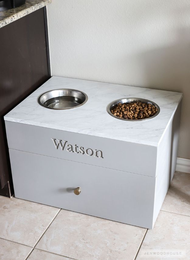 DIY Pet Bowls And Feeding Stations - Large Dog Food Station - Easy Ideas for Serving Dog and Cat Food, Ways to Raise and Store Bowls - Organize Your Dog Food and Water Bowl With These Cute and Creative Ideas for Dogs and Cats- Monogram, Painted, Personalized and Rustic Crafts and Projects http://diyjoy.com/diy-pet-bowls-feeding-station