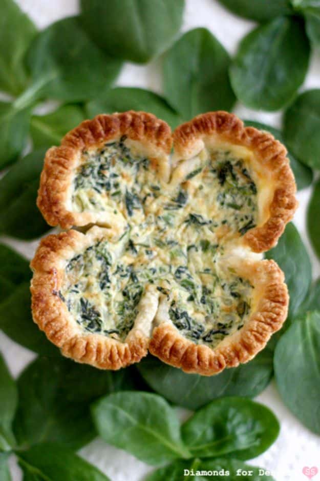 St Patrick's Day Food and Recipe Ideas - Lucky Spinach Quiche - DIY St. Patrick's Day Party Recipes for Dinner, Desserts, Cookies, Cakes, Snacks, Dips and Drinks - Green Shamrocks, Leprechauns and Cute Party Foods - Easy Appetizers and Healthy Treats for Adults and Kids To Make - Potluck, Crockpot, Traditional and Corned Beef http://diyjoy.com/st-patricks-day-recipes