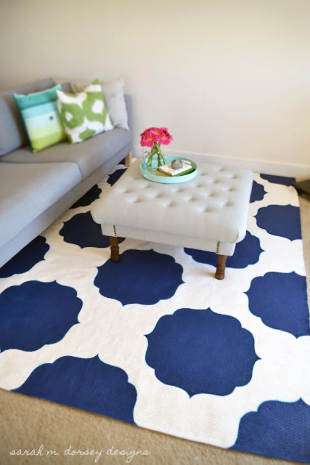 DIY Rugs - Moroccan Stenciled Rug - Ideas for An Easy Handmade Rug for Living Room, Bedroom, Kitchen Mat and Cheap Area Rugs You Can Make - Stencil Art Tutorial, Painting Tips, Fabric, Yarn, Old Denim Jeans, Rope, Tshirt, Pom Pom, Fur, Crochet, Woven and Outdoor Projects - Large and Small Carpet #diyrugs #diyhomedecor