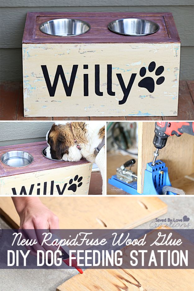 DIY Pet Bowls And Feeding Stations - New RapidFuse Wood Glue DIY Dog Feeding Station - Easy Ideas for Serving Dog and Cat Food, Ways to Raise and Store Bowls - Organize Your Dog Food and Water Bowl With These Cute and Creative Ideas for Dogs and Cats- Monogram, Painted, Personalized and Rustic Crafts and Projects http://diyjoy.com/diy-pet-bowls-feeding-station