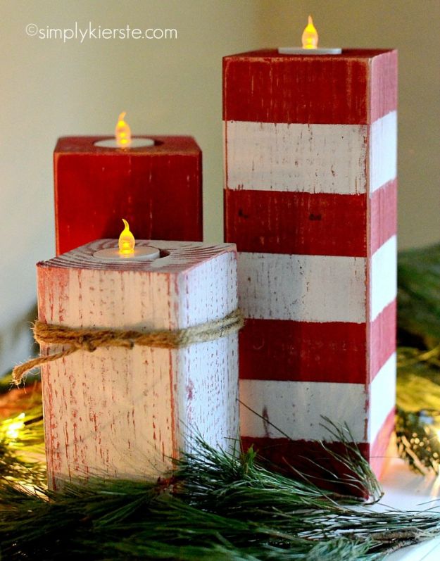 DIY Candle Holders - Peppermint Striped Candlesticks - Easy Ideas for Home Decor With Candles, Tall Candlesticks and Votives - Fun Wooden, Rustic, Glass, Mason Jar, Boho and Projects With Items From Dollar Stores - Christmas, Holiday and Wedding Centerpieces - Cool Crafts and Homemade Cheap Gifts http://diyjoy.com/diy-candle-holders