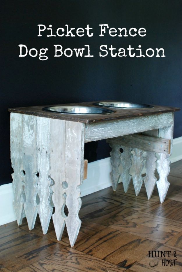 DIY Pet Bowls And Feeding Stations - Picket Fence Dog Bowl Station - Easy Ideas for Serving Dog and Cat Food, Ways to Raise and Store Bowls - Organize Your Dog Food and Water Bowl With These Cute and Creative Ideas for Dogs and Cats- Monogram, Painted, Personalized and Rustic Crafts and Projects http://diyjoy.com/diy-pet-bowls-feeding-station