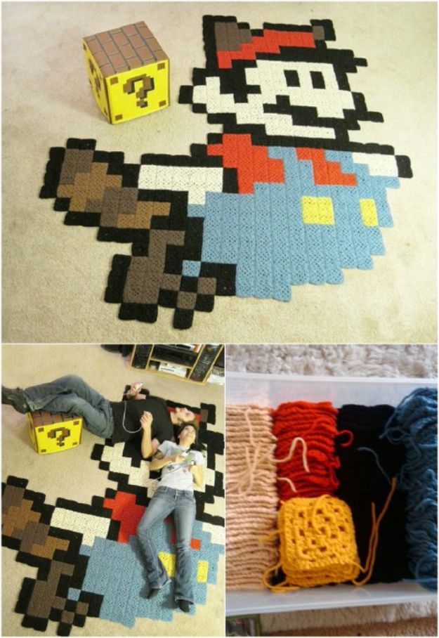 DIY Rugs - Pixel Rug - Ideas for An Easy Handmade Rug for Living Room, Bedroom, Kitchen Mat and Cheap Area Rugs You Can Make - Stencil Art Tutorial, Painting Tips, Fabric, Yarn, Old Denim Jeans, Rope, Tshirt, Pom Pom, Fur, Crochet, Woven and Outdoor Projects - Large and Small Carpet #diyrugs #diyhomedecor