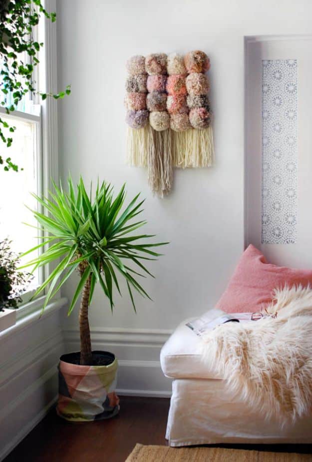 DIY Wall Hangings - Pom Pom Wall Hanging - Easy Yarn Projects , Macrame Ideas , Fabric Tapestry and Paper Arts and Crafts , Planter and Wood Board Ideas for Bedroom and Living Room Decor - Cute Mobile and Wall Hanging for Nursery and Kids Rooms #wallart #diy #roomdecor