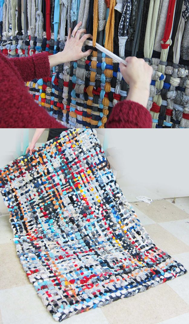 DIY Rugs - Pot Holder Area Rugs - Ideas for An Easy Handmade Rug for Living Room, Bedroom, Kitchen Mat and Cheap Area Rugs You Can Make - Stencil Art Tutorial, Painting Tips, Fabric, Yarn, Old Denim Jeans, Rope, Tshirt, Pom Pom, Fur, Crochet, Woven and Outdoor Projects - Large and Small Carpet #diyrugs #diyhomedecor