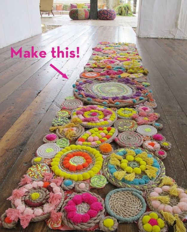 DIY Rugs - Rope Swirl Rug - Ideas for An Easy Handmade Rug for Living Room, Bedroom, Kitchen Mat and Cheap Area Rugs You Can Make - Stencil Art Tutorial, Painting Tips, Fabric, Yarn, Old Denim Jeans, Rope, Tshirt, Pom Pom, Fur, Crochet, Woven and Outdoor Projects - Large and Small Carpet #diyrugs #diyhomedecor