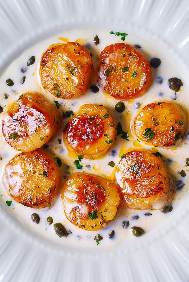 Best Lowfat Recipes - Seared Scallops with Creamy Lemon-Caper Sauce - Easy Low fat and Healthy Recipe Ideas For Eating Well and Dieting, Weight Loss - Quick Breakfasts, Lunch, Dinner, Snack and Desserts - Foods with Chicken, Vegetables, Salad, Low Carb, Beef, Egg, Gluten Free #lowfatrecipes 
