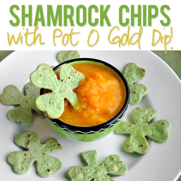St Patrick's Day Food and Recipe Ideas - Shamrock Chips with Pot O Gold Dip - DIY St. Patrick's Day Party Recipes for Dinner, Desserts, Cookies, Cakes, Snacks, Dips and Drinks - Green Shamrocks, Leprechauns and Cute Party Foods - Easy Appetizers and Healthy Treats for Adults and Kids To Make - Potluck, Crockpot, Traditional and Corned Beef http://diyjoy.com/st-patricks-day-recipes
