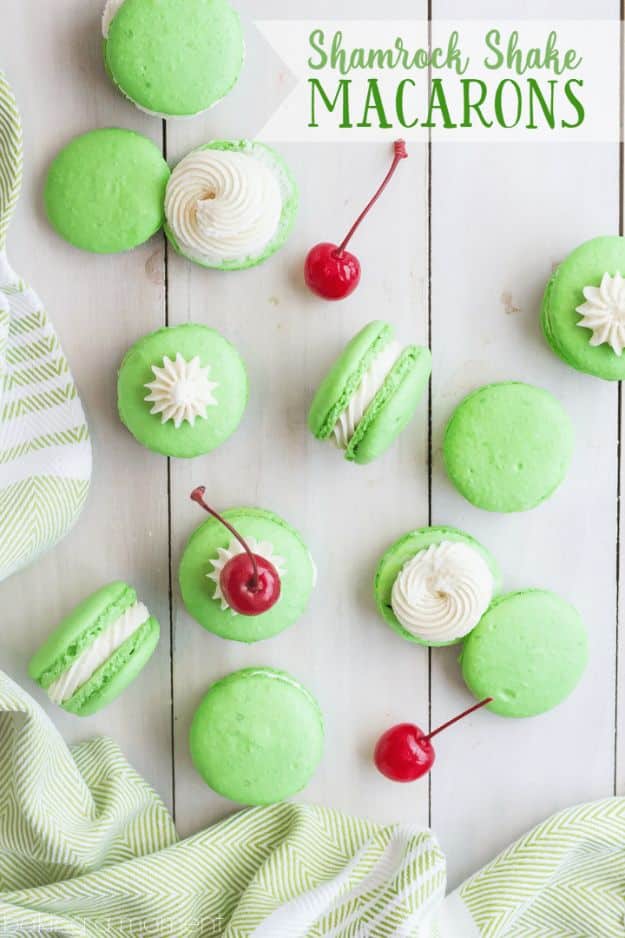St Patrick's Day Food and Recipe Ideas - Shamrock Shake Macarons - DIY St. Patrick's Day Party Recipes for Dinner, Desserts, Cookies, Cakes, Snacks, Dips and Drinks - Green Shamrocks, Leprechauns and Cute Party Foods - Easy Appetizers and Healthy Treats for Adults and Kids To Make - Potluck, Crockpot, Traditional and Corned Beef http://diyjoy.com/st-patricks-day-recipes