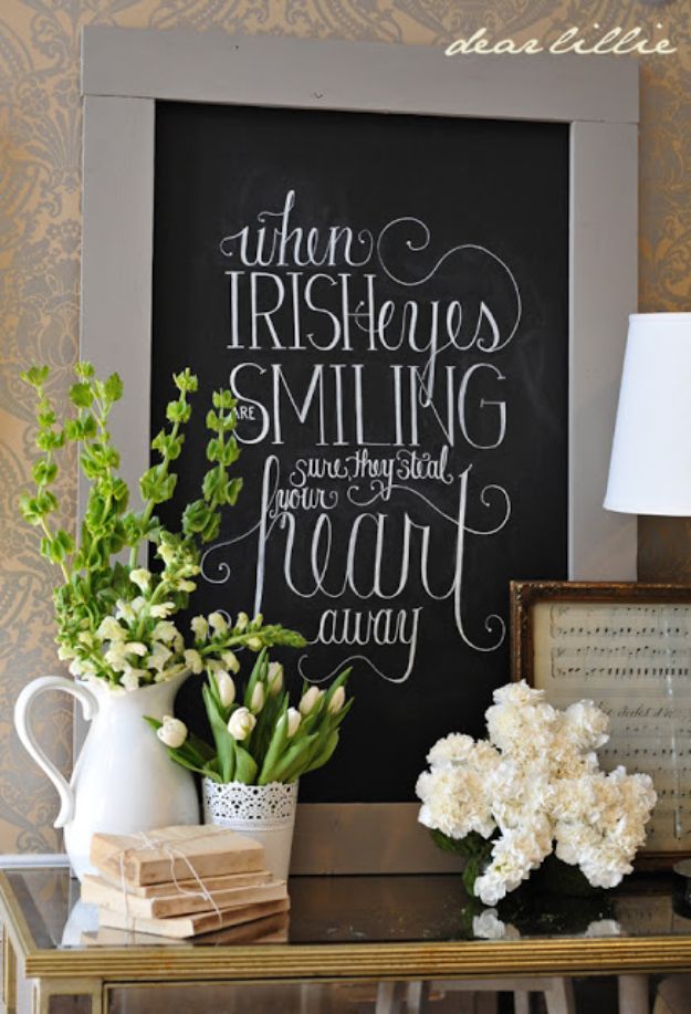 St Patricks Day Decor Ideas - St. Patrick's Day Chalkboard - DIY St. Patrick's Day Party Decorations and Home Decor Crafts - Projects for Walls, Hanging Banners, Wreaths, Tabletop Centerpieces and Party Favors - Green Shamrocks, Leprechauns and Cute and Easy Do It Yourself Decor For Parties - Cheap Dollar Store Ideas for Those On A Budget http://diyjoy.com/diy-st-patricks-day-decor