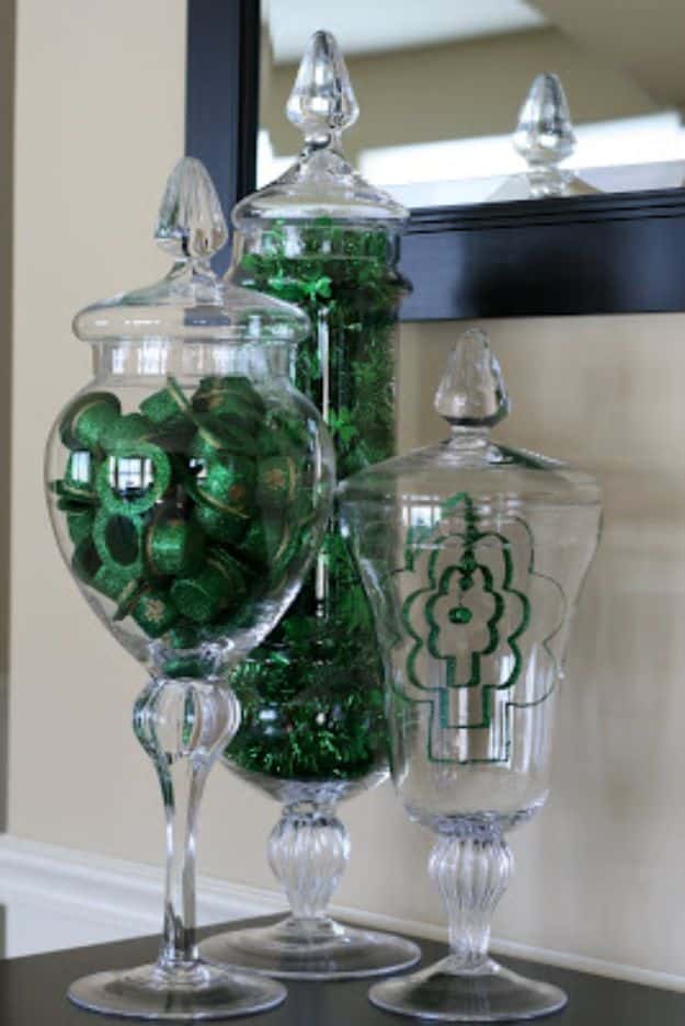 St Patricks Day Decor Ideas - St. Patrick’s Day Apothecary Jars - DIY St. Patrick's Day Party Decorations and Home Decor Crafts - Projects for Walls, Hanging Banners, Wreaths, Tabletop Centerpieces and Party Favors - Green Shamrocks, Leprechauns and Cute and Easy Do It Yourself Decor For Parties - Cheap Dollar Store Ideas for Those On A Budget http://diyjoy.com/diy-st-patricks-day-decor