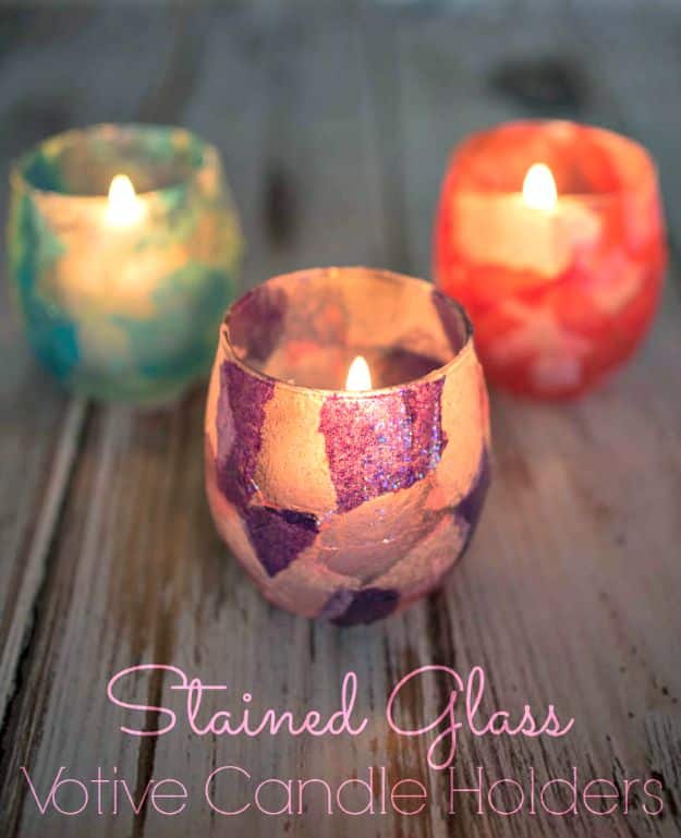 DIY Candle Holders - Stained Glass Votive Holder - Easy Ideas for Home Decor With Candles, Tall Candlesticks and Votives - Fun Wooden, Rustic, Glass, Mason Jar, Boho and Projects With Items From Dollar Stores - Christmas, Holiday and Wedding Centerpieces - Cool Crafts and Homemade Cheap Gifts http://diyjoy.com/diy-candle-holders