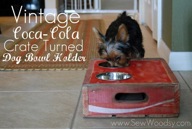 DIY Pet Bowls And Feeding Stations - Vintage Coca Cola Crate Turned Dog Bowl Holder - Easy Ideas for Serving Dog and Cat Food, Ways to Raise and Store Bowls - Organize Your Dog Food and Water Bowl With These Cute and Creative Ideas for Dogs and Cats- Monogram, Painted, Personalized and Rustic Crafts and Projects http://diyjoy.com/diy-pet-bowls-feeding-station