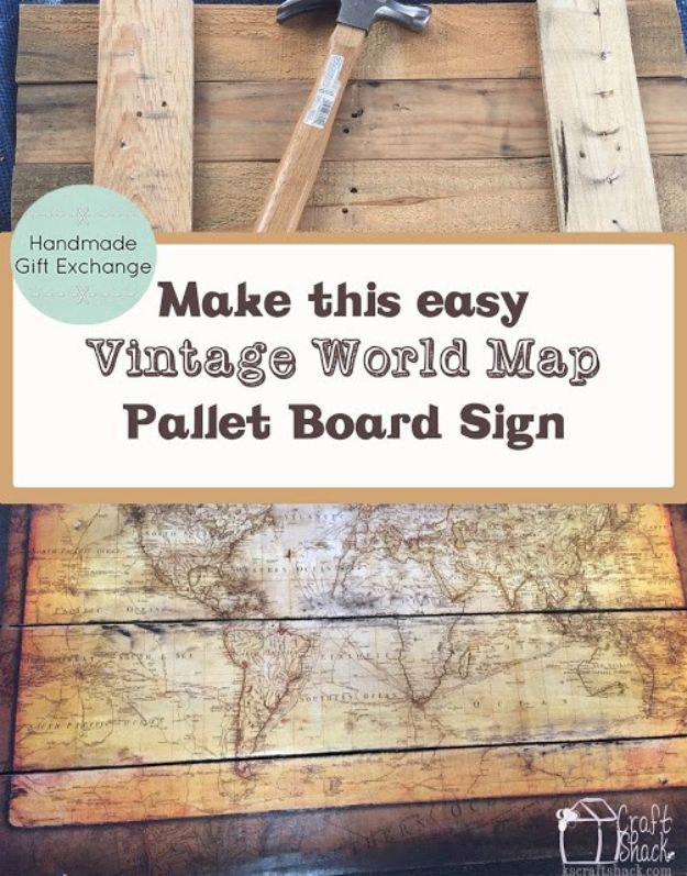 DIY Vintage Signs - Vintage World Map Pallet Board Sign - Rustic, Vintage Sign Projects to Make At Home - Creative Home Decor on a Budget and Cheap Crafts for Living Room, Bedroom and Kitchen - Paint Letters, Transfer to Wood, Aged Finishes and Fun Word Stencils and Easy Ideas for Farmhouse Wall Art http://diyjoy.com/diy-vintage-signs