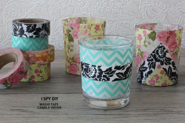 DIY Candle Holders - Washi Tape Candle Votive - Easy Ideas for Home Decor With Candles, Tall Candlesticks and Votives - Fun Wooden, Rustic, Glass, Mason Jar, Boho and Projects With Items From Dollar Stores - Christmas, Holiday and Wedding Centerpieces - Cool Crafts and Homemade Cheap Gifts http://diyjoy.com/diy-candle-holders