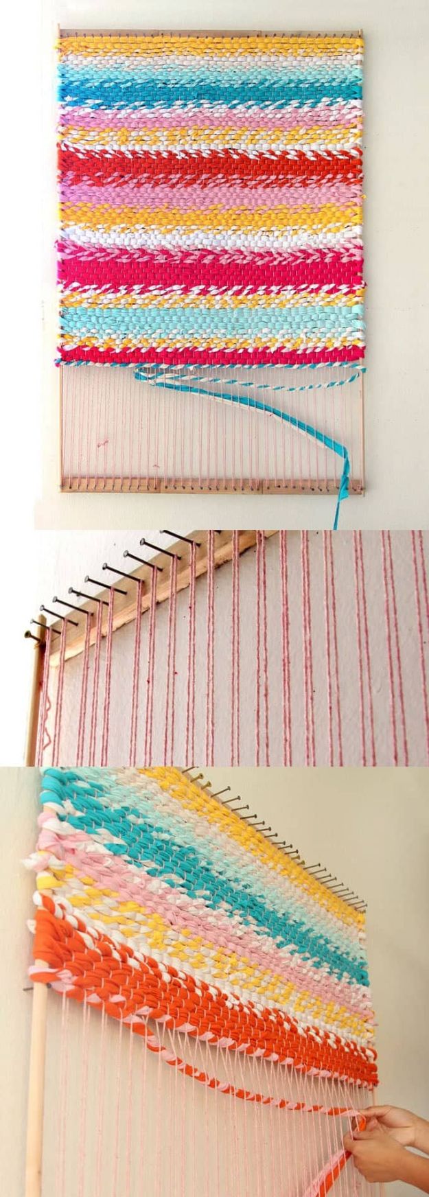 DIY Rugs - Weave A T-Shirt Rug With Easy DIY Loom - Ideas for An Easy Handmade Rug for Living Room, Bedroom, Kitchen Mat and Cheap Area Rugs You Can Make - Stencil Art Tutorial, Painting Tips, Fabric, Yarn, Old Denim Jeans, Rope, Tshirt, Pom Pom, Fur, Crochet, Woven and Outdoor Projects - Large and Small Carpet #diyrugs #diyhomedecor