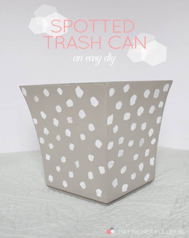 DIY Trash Cans - 15 Minute DIY Spotted Trash Can - Easy Do It Yourself Projects to Make Cute, Decorative Trash Cans for Bathroom, Kitchen and Bedroom - Trash Can Makeover, Hidden Kitchen Storage With Pull Out Cabinet - Lids, Liners and Painted Decor Ideas for Updating the Bin #diykitchen #diybath #trashcans #diy #diyideas #diyjoy http://diyjoy.com/diy-trash-cans