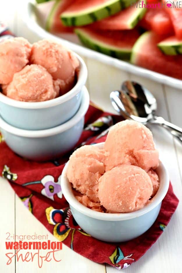 Best Summer Snacks and Snack Recipes - 2-Ingredient Watermelon Sherbet - Quick And Easy Snack Ideas for After Workout, School, Work - Mid Day Treats, Best Small Desserts, Simple and Fast Things To Make In Minutes - Healthy Snacking Foods Made With Vegetables, Cheese, Yogurt, Fruit and Gluten Free Options - Kids Love Making These Sweets, Popsicles, Drinks, Smoothies and Fun Foods - Refreshing and Cool Options for Eating Otuside on a Hot Day   #summer #snacks #snackrecipes #appetizers