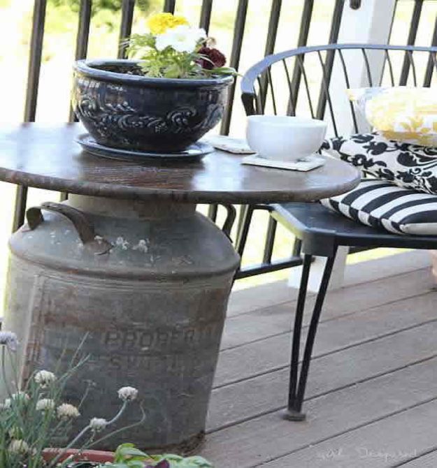 DIY Patio Furniture Ideas - Antique Milk Can Side Table - Cheap Do It Yourself Porch and Easy Backyard Furniture, Rocking Chairs, Swings, Benches, Stools and Seating Tutorials - Dining Tables from Pallets, Cinder Blocks and Upcyle Ideas - Sectional Couch Plans With Cushions - Makeover Tips for Existing Furniture #diyideas #outdoors #diy #backyardideas #diyfurniture #patio #diyjoy http://diyjoy.com/diy-patio-furniture-ideas