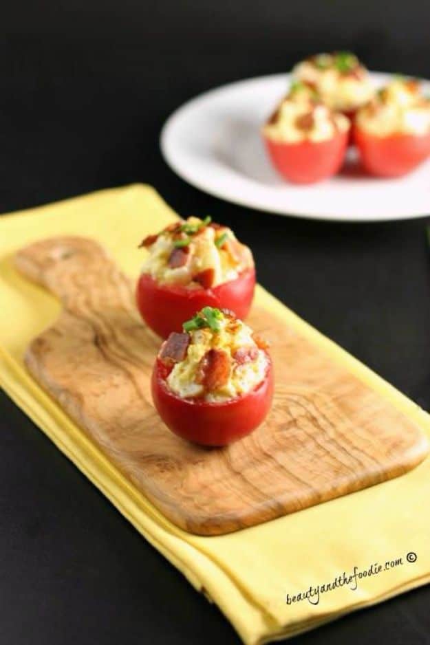 Gluten Free Appetizers - Bacon Egg Salad Tomato Bites - Easy Flourless and Glutenfree Snacks, Wraps, Finger Foods and Snack Recipes - Recipe Ideas for Gluten Free Diets #glutenfree 