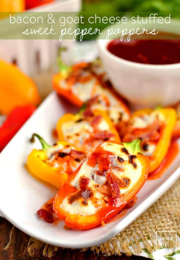 Gluten Free Appetizers - Bacon and Goat Cheese Stuffed Sweet Pepper Poppers - Easy Flourless and Glutenfree Snacks, Wraps, Finger Foods and Snack Recipes - Recipe Ideas for Gluten Free Diets #glutenfree 