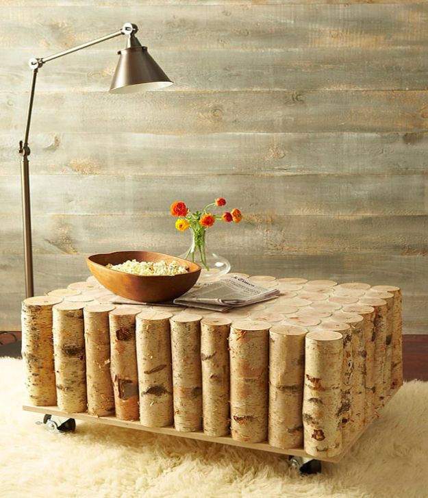 DIY Coffee Tables - Build A Birch Log Coffee Table - Easy Do It Yourself Furniture Ideas for The Living Room Table - Cool Projects for Making a Coffee Table With Crates, Boxes, Stone, Industrial Pipe, Tile, Pallets, Old Doors, Windows and Repurposed Wood Planks - Rustic Farmhouse Home Decor, Modern Decorating Ideas, Simply Shabby Chic and All White Looks for Minimalist Interiors http://diyjoy.com/diy-coffee-table-ideas