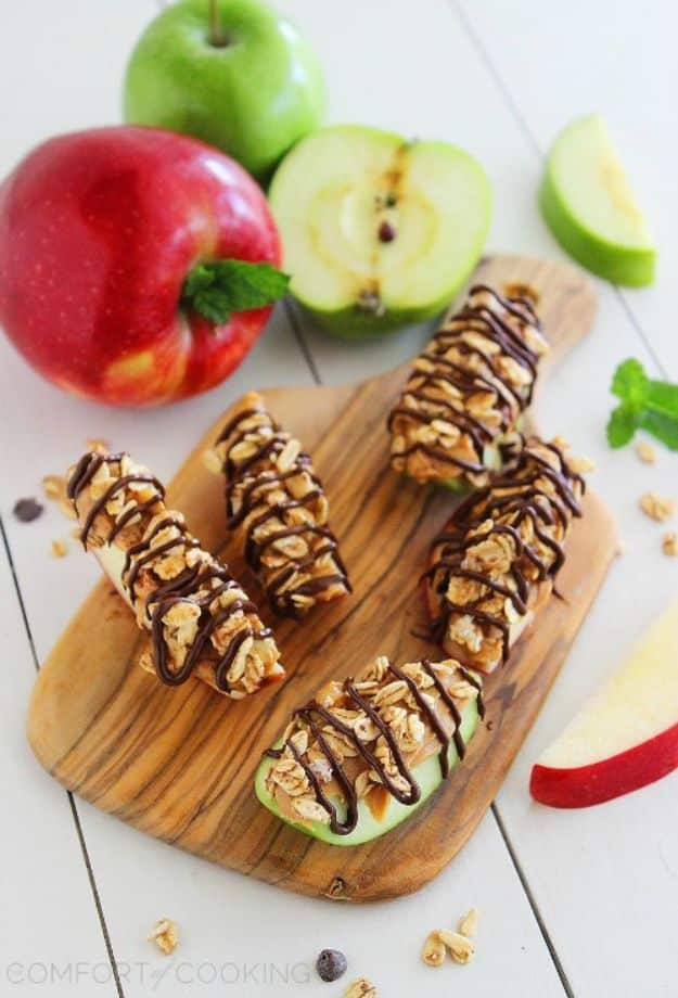 Best Summer Snacks and Snack Recipes - Chocolate Peanut Butter Granola Apple Bites - Quick And Easy Snack Ideas for After Workout, School, Work - Mid Day Treats, Best Small Desserts, Simple and Fast Things To Make In Minutes - Healthy Snacking Foods Made With Vegetables, Cheese, Yogurt, Fruit and Gluten Free Options - Kids Love Making These Sweets, Popsicles, Drinks, Smoothies and Fun Foods - Refreshing and Cool Options for Eating Otuside on a Hot Day   #summer #snacks #snackrecipes #appetizers