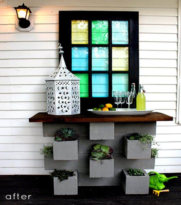 DIY Patio Furniture Ideas - Cinder Block Planter Bar - Cheap Do It Yourself Porch and Easy Backyard Furniture, Rocking Chairs, Swings, Benches, Stools and Seating Tutorials - Dining Tables from Pallets, Cinder Blocks and Upcyle Ideas - Sectional Couch Plans With Cushions - Makeover Tips for Existing Furniture #diyideas #outdoors #diy #backyardideas #diyfurniture #patio #diyjoy http://diyjoy.com/diy-patio-furniture-ideas