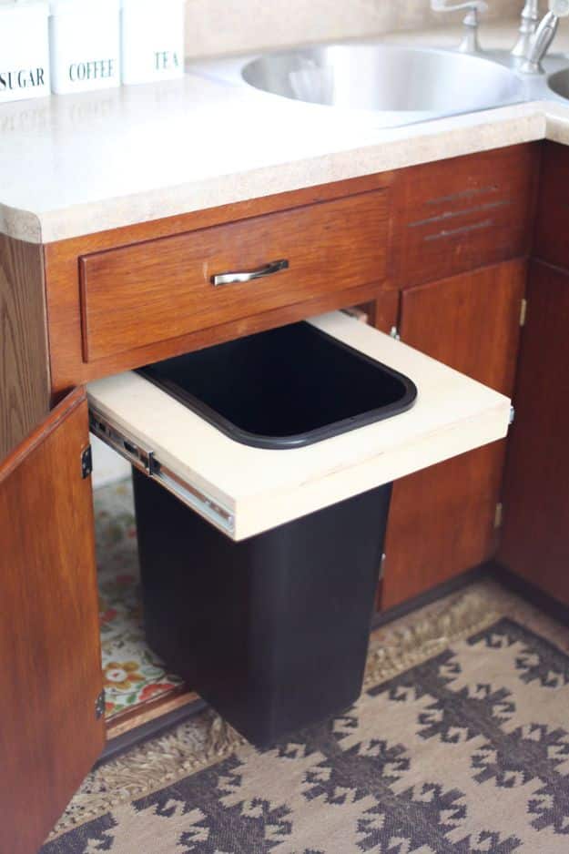 DIY Trash Cans - Convert A Cabinet Into A Pull Out Trash Bin - Easy Do It Yourself Projects to Make Cute, Decorative Trash Cans for Bathroom, Kitchen and Bedroom - Trash Can Makeover, Hidden Kitchen Storage With Pull Out Cabinet - Lids, Liners and Painted Decor Ideas for Updating the Bin #diykitchen #diybath #trashcans #diy #diyideas #diyjoy http://diyjoy.com/diy-trash-cans