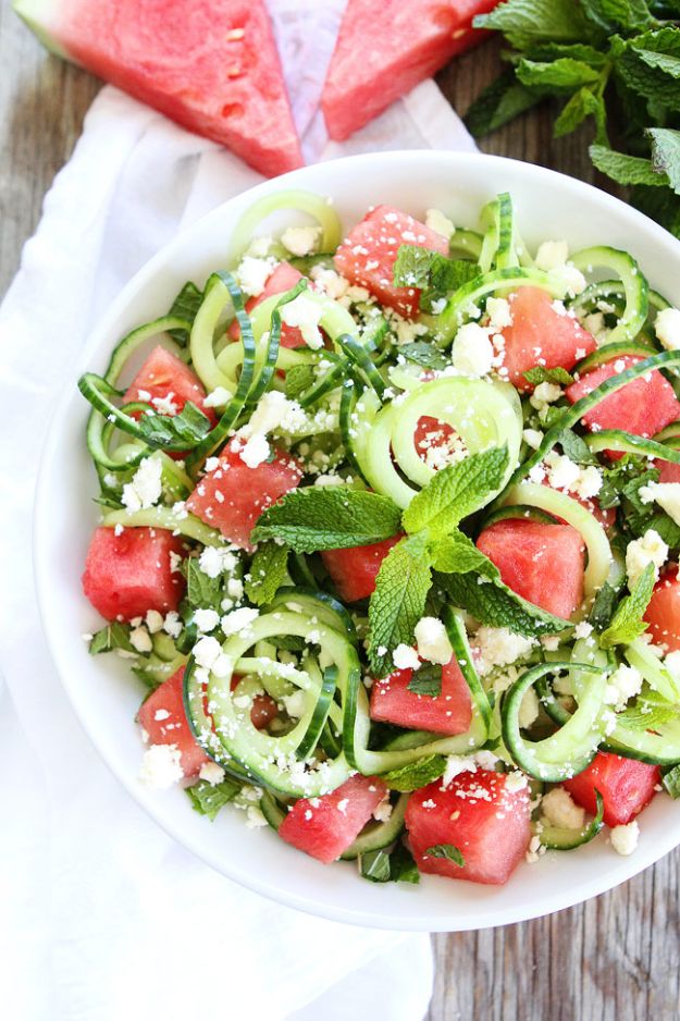 Best Summer Snacks and Snack Recipes - Cucumber Noodle, Watermelon, and Feta Salad - Quick And Easy Snack Ideas for After Workout, School, Work - Mid Day Treats, Best Small Desserts, Simple and Fast Things To Make In Minutes - Healthy Snacking Foods Made With Vegetables, Cheese, Yogurt, Fruit and Gluten Free Options - Kids Love Making These Sweets, Popsicles, Drinks, Smoothies and Fun Foods - Refreshing and Cool Options for Eating Otuside on a Hot Day   #summer #snacks #snackrecipes #appetizers