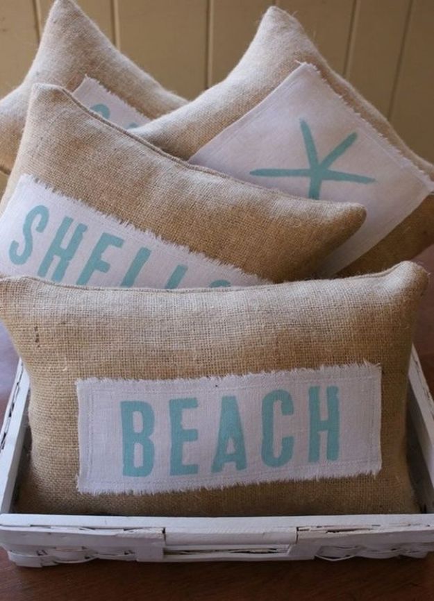 DIY Beach House Decor - DIY Beachy Themed Pillows - Cool DIY Decor Ideas While On A Budget - Cool Ideas for Decorating Your Beach Home With Shells, Sand and Summer Wall Art - Crafts and Do It Yourself Projects With A Breezy, Blue, Summery Feel - White Decor and Shiplap, Birchwood Boats, Beachy Sea Glass Art Projects for Living Room, Bedroom and Kitchen 