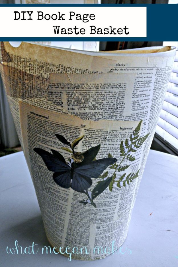 DIY Trash Cans - DIY Book Page Waste Can - Easy Do It Yourself Projects to Make Cute, Decorative Trash Cans for Bathroom, Kitchen and Bedroom - Trash Can Makeover, Hidden Kitchen Storage With Pull Out Cabinet - Lids, Liners and Painted Decor Ideas for Updating the Bin #diykitchen #diybath #trashcans #diy #diyideas #diyjoy http://diyjoy.com/diy-trash-cans