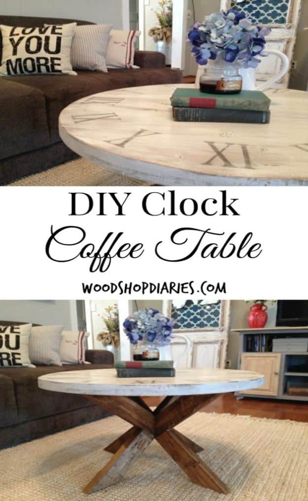 DIY Coffee Tables - DIY Clock Coffee Table - Easy Do It Yourself Furniture Ideas for The Living Room Table - Cool Projects for Making a Coffee Table With Crates, Boxes, Stone, Industrial Pipe, Tile, Pallets, Old Doors, Windows and Repurposed Wood Planks - Rustic Farmhouse Home Decor, Modern Decorating Ideas, Simply Shabby Chic and All White Looks for Minimalist Interiors http://diyjoy.com/diy-coffee-table-ideas