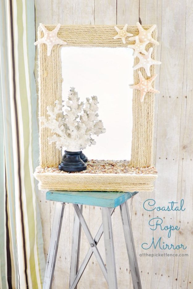 DIY Beach House Decor - DIY Coastal Rope Mirror - Cool DIY Decor Ideas While On A Budget - Cool Ideas for Decorating Your Beach Home With Shells, Sand and Summer Wall Art - Crafts and Do It Yourself Projects With A Breezy, Blue, Summery Feel - White Decor and Shiplap, Birchwood Boats, Beachy Sea Glass Art Projects for Living Room, Bedroom and Kitchen 