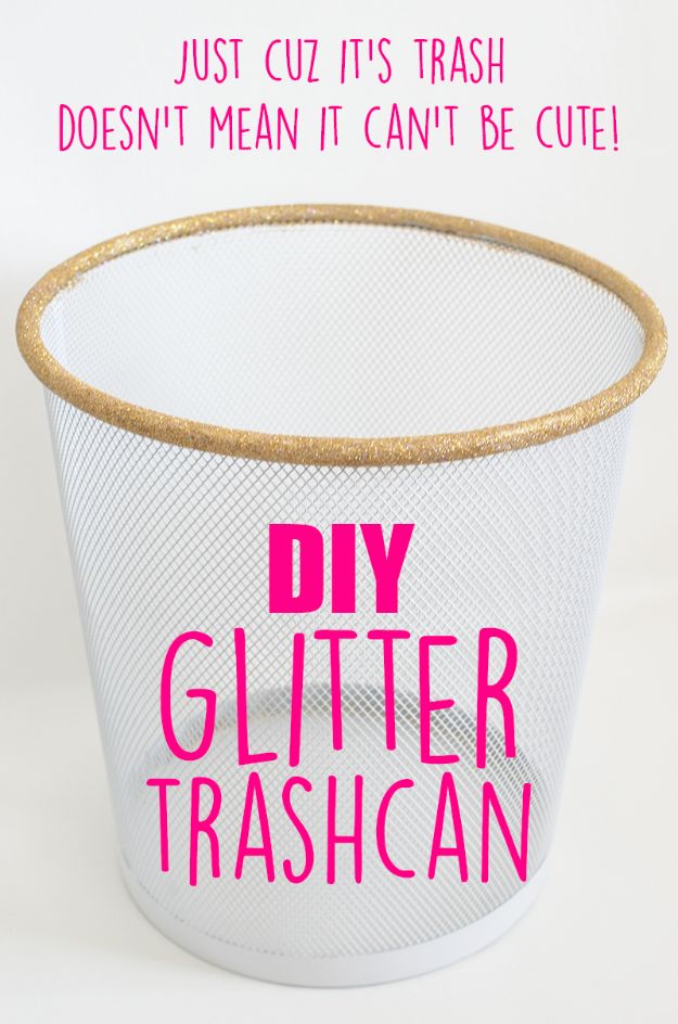 DIY Trash Cans - DIY Glitter Trashcan - Easy Do It Yourself Projects to Make Cute, Decorative Trash Cans for Bathroom, Kitchen and Bedroom - Trash Can Makeover, Hidden Kitchen Storage With Pull Out Cabinet - Lids, Liners and Painted Decor Ideas for Updating the Bin #diykitchen #diybath #trashcans #diy #diyideas #diyjoy http://diyjoy.com/diy-trash-cans