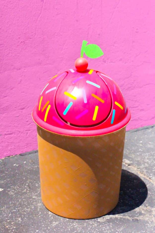 DIY Trash Cans - DIY Ice Cream Cone Trash Can - Easy Do It Yourself Projects to Make Cute, Decorative Trash Cans for Bathroom, Kitchen and Bedroom - Trash Can Makeover, Hidden Kitchen Storage With Pull Out Cabinet - Lids, Liners and Painted Decor Ideas for Updating the Bin #diykitchen #diybath #trashcans #diy #diyideas #diyjoy http://diyjoy.com/diy-trash-cans