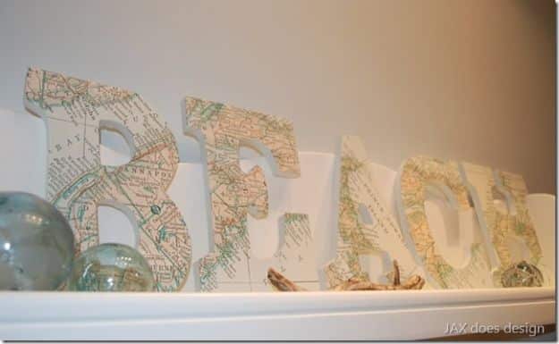 DIY Beach House Decor - DIY Maritime Map Letters - Cool DIY Decor Ideas While On A Budget - Cool Ideas for Decorating Your Beach Home With Shells, Sand and Summer Wall Art - Crafts and Do It Yourself Projects With A Breezy, Blue, Summery Feel - White Decor and Shiplap, Birchwood Boats, Beachy Sea Glass Art Projects for Living Room, Bedroom and Kitchen 