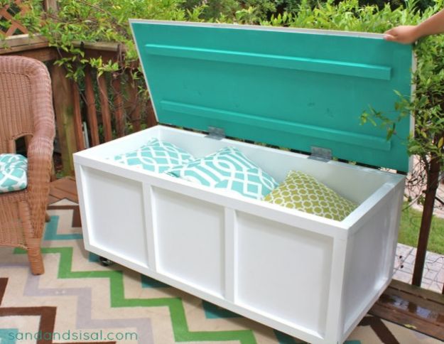 DIY Patio Furniture Ideas - DIY Outdoor Storage Box Bench - Cheap Do It Yourself Porch and Easy Backyard Furniture, Rocking Chairs, Swings, Benches, Stools and Seating Tutorials - Dining Tables from Pallets, Cinder Blocks and Upcyle Ideas - Sectional Couch Plans With Cushions - Makeover Tips for Existing Furniture #diyideas #outdoors #diy #backyardideas #diyfurniture #patio #diyjoy http://diyjoy.com/diy-patio-furniture-ideas