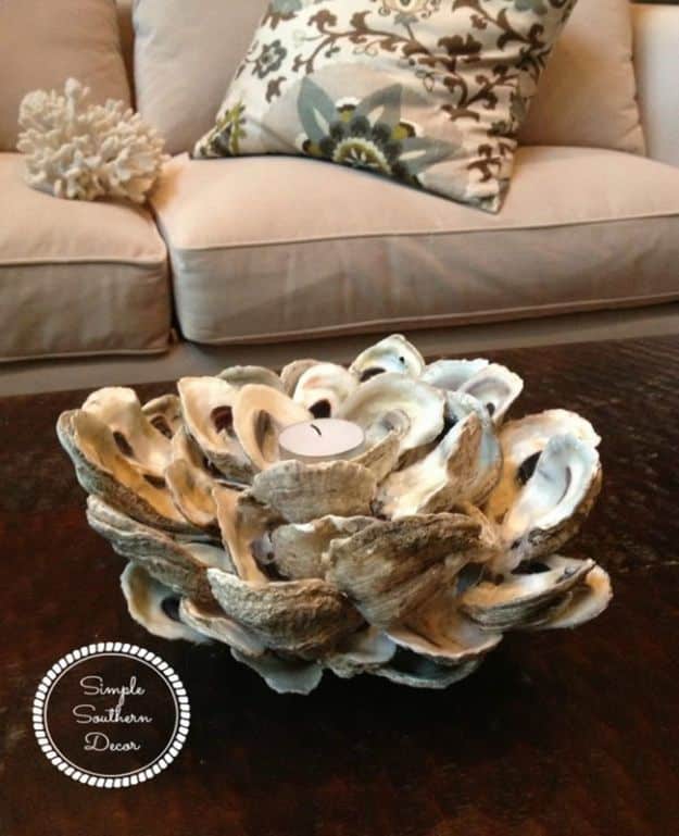 DIY Beach House Decor - DIY Oyster Shell Candle Holder - Cool DIY Decor Ideas While On A Budget - Cool Ideas for Decorating Your Beach Home With Shells, Sand and Summer Wall Art - Crafts and Do It Yourself Projects With A Breezy, Blue, Summery Feel - White Decor and Shiplap, Birchwood Boats, Beachy Sea Glass Art Projects for Living Room, Bedroom and Kitchen 